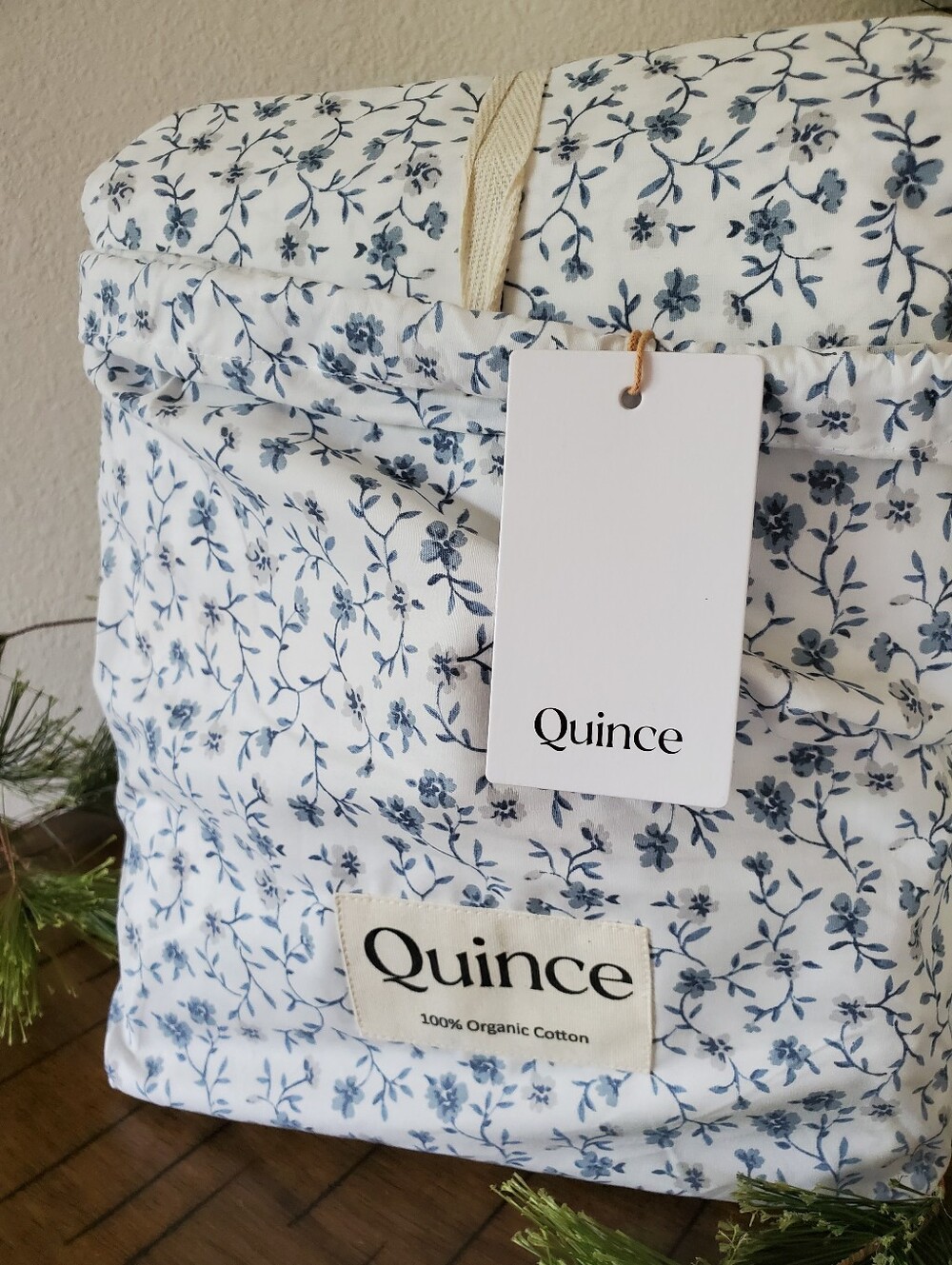 Quince King Organic Cotton Percale Fitted Sheet Set Blue Florette Floral NWT